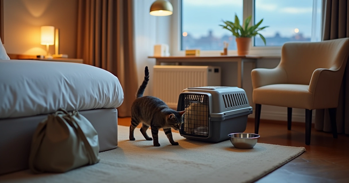 Hotel room setup with cat travel gear 
