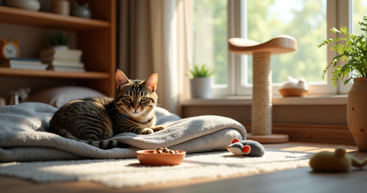 Tabby cat curled on a blanket in a cozy cat boarding condo 