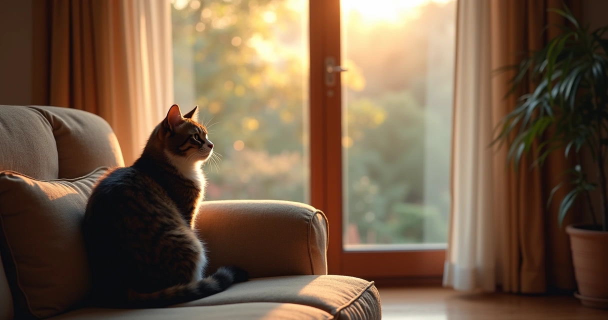 Cat sitting alone on a sofa looking out the window in a cozy living room 