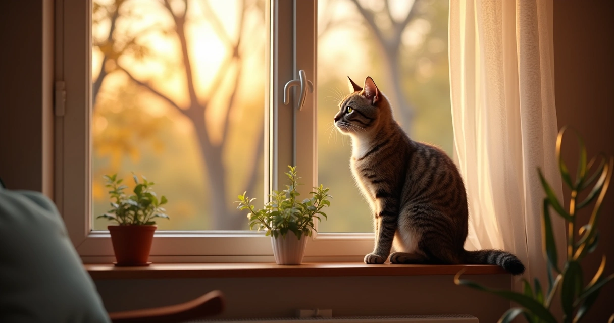 Cat sitting on windowsill looking outside at changing daylight with soft sunlight illuminating room 