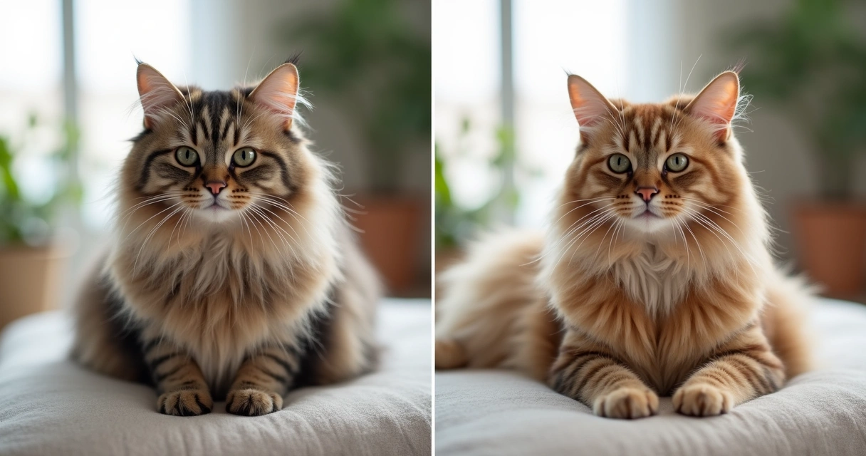 Before and after grooming of longhaired cat with matted fur. 