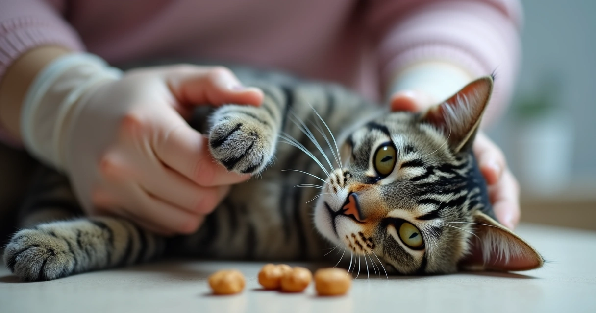 Cat having its nails trimmed in a safe, calm setting
