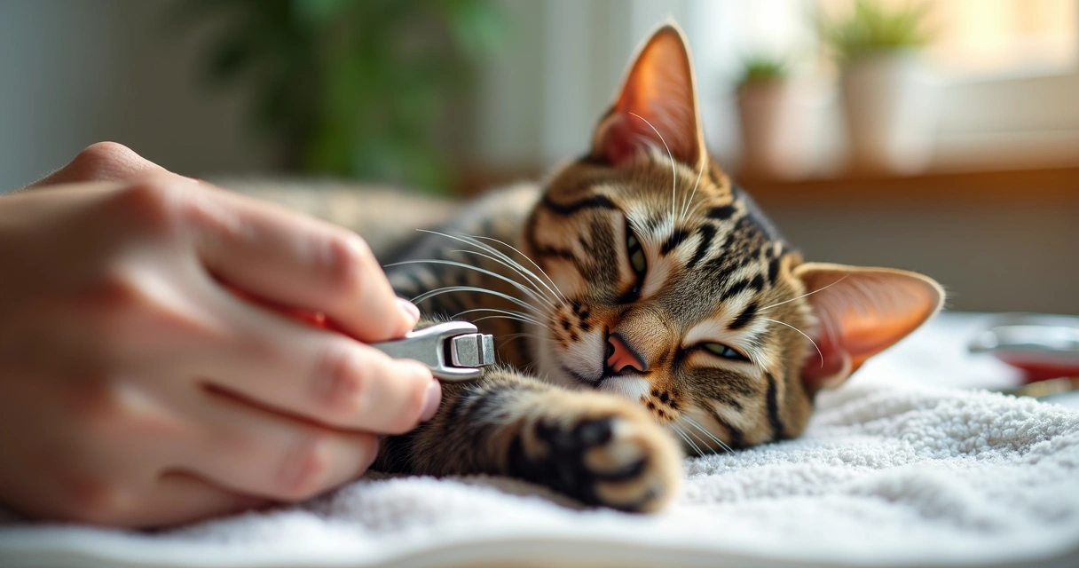 A cat receiving a nail trimming session with gentle hands holding its paw