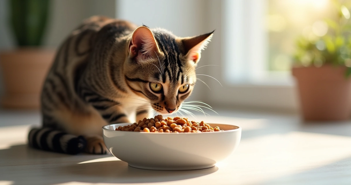 Close-up of a domestic cat eating from a bowl filled with balanced nutritious dry and wet food