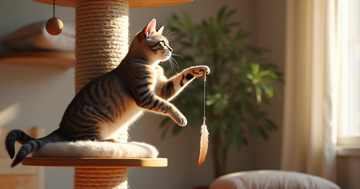 Cat perched on a multi-level vertical enrichment wall with platforms and scratching posts