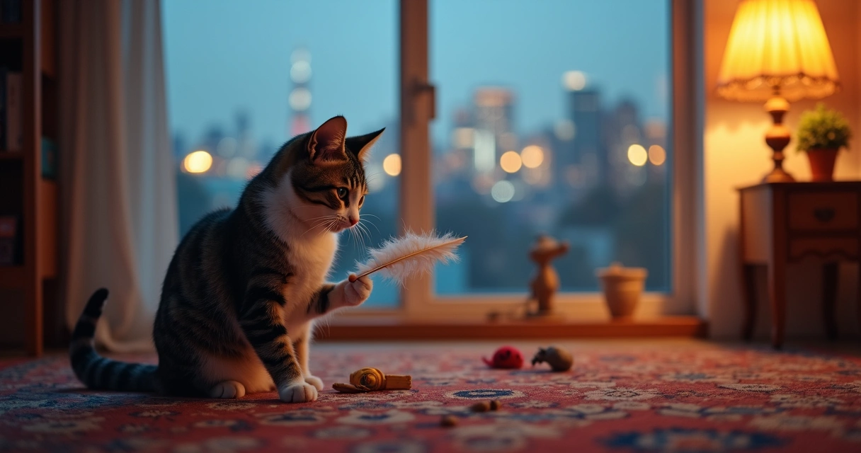 Cat playing with toys near window at dusk