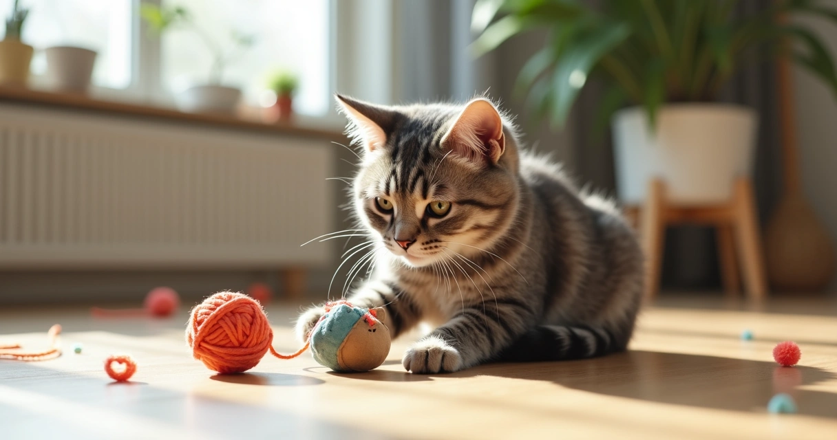Gray tabby cat playing with a DIY cardboard toy on wooden floor 