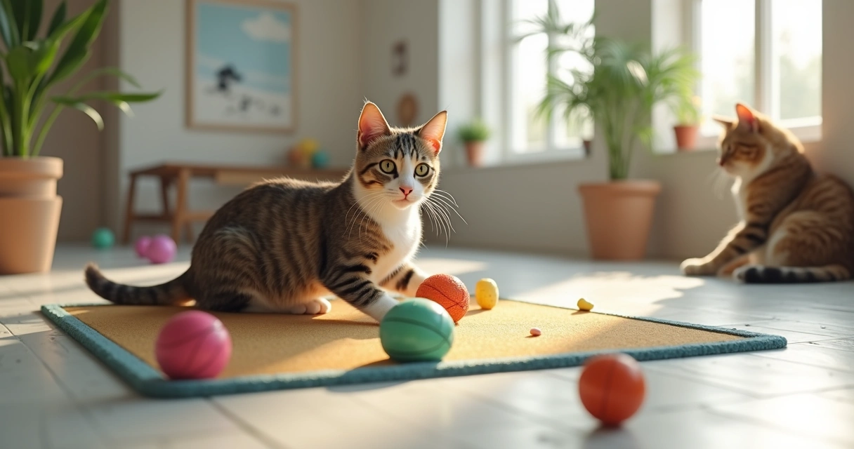 Cat engaging with enrichment toys in a bright daycare room