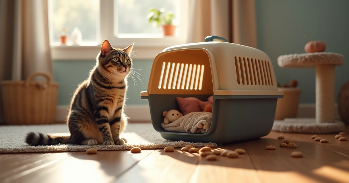 Tabby cat sitting near an open carrier with toys around