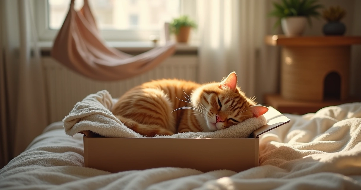 Cat hiding in a cozy corner with blankets and cardboard box 