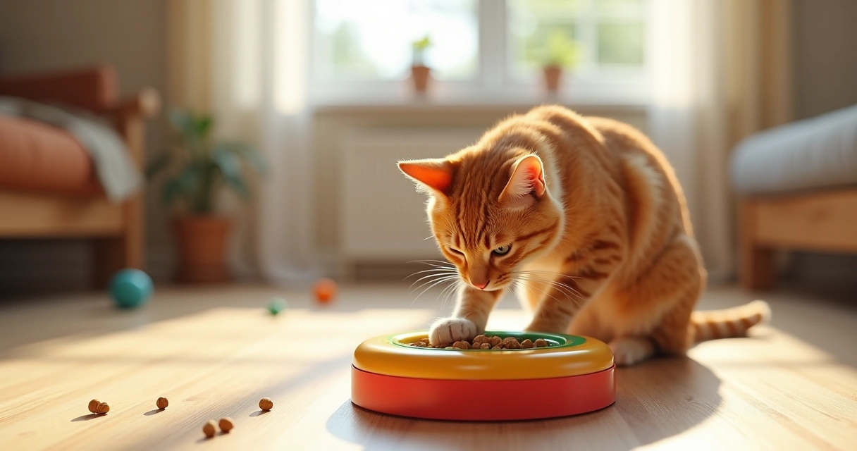 Orange cat playing with a puzzle feeder