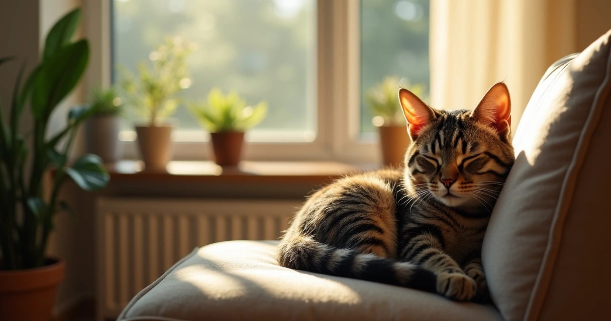 Cat napping on chair near sunlit window