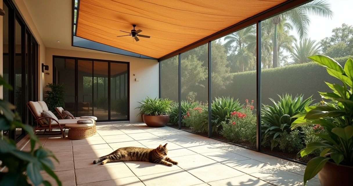 Cat using shaded area of screeened patio 