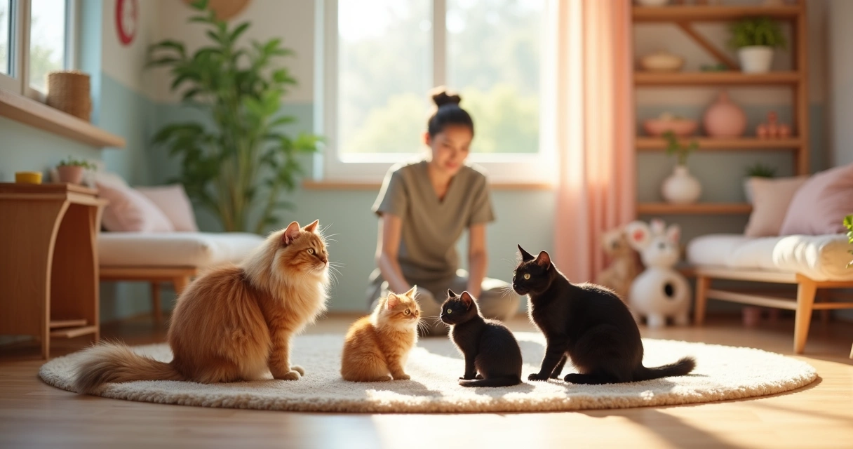 Small group of cats interacting calmly in a supervised daycare environment