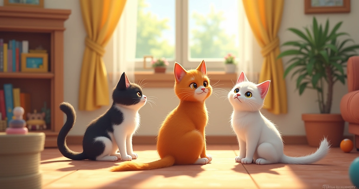 Multiple cats with varied tail positions socializing indoors