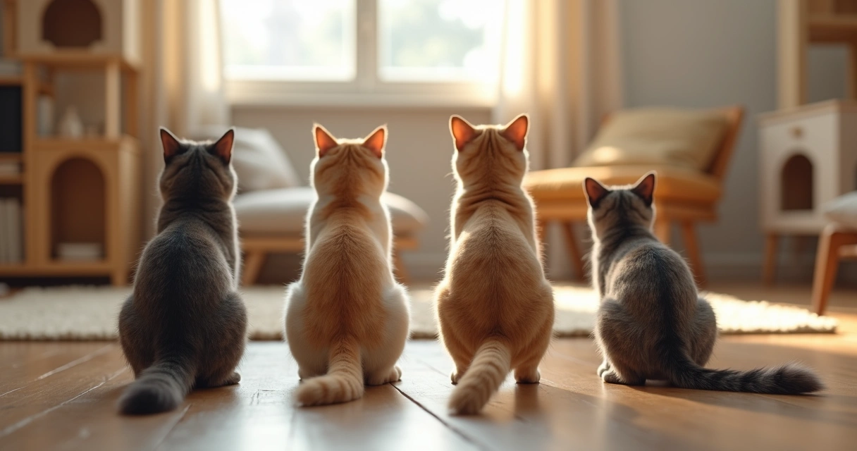 Various cats showing different tail positions in a natural indoor setting