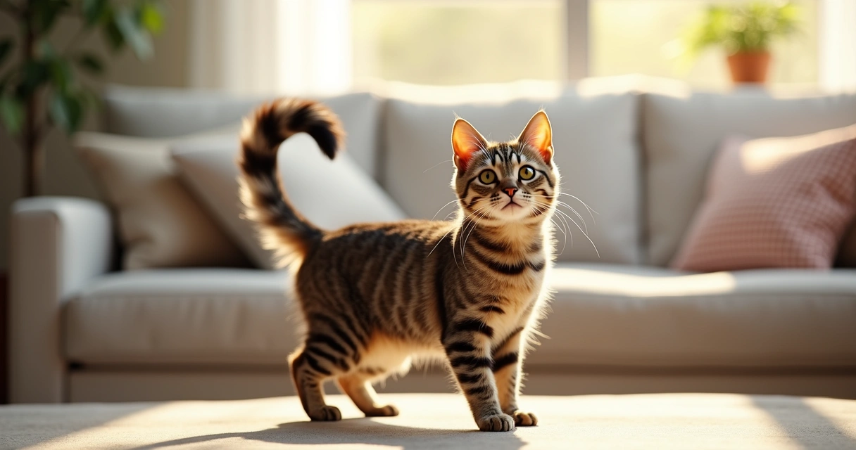 Cat with straight tail standing on a living room floor
