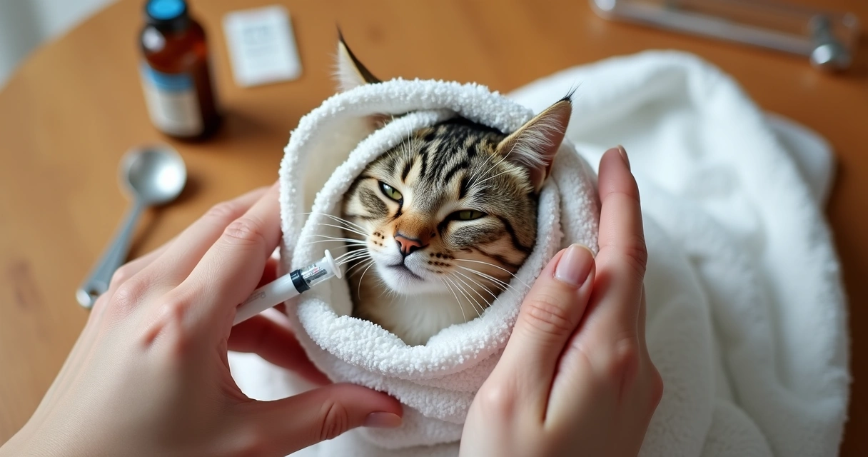 Cat wrapped in a towel while receiving liquid medicine.