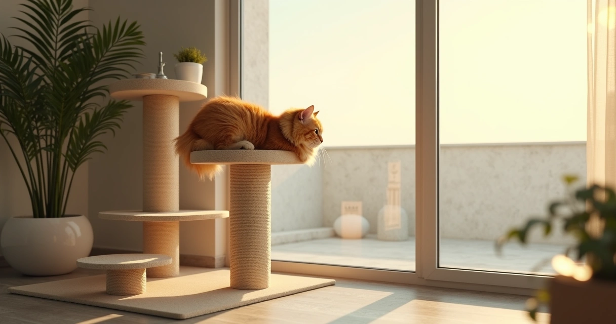 Cat tower next to bright window with a cat lounging on top 