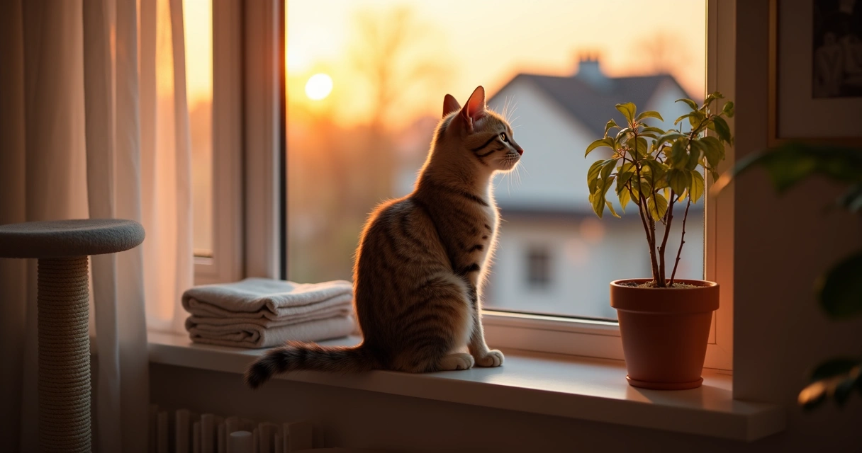 Cat sitting on a window ledge at sunset 
