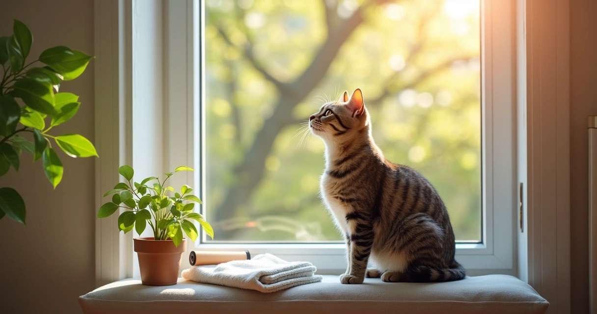 Cat sitting by a sunny window in spring