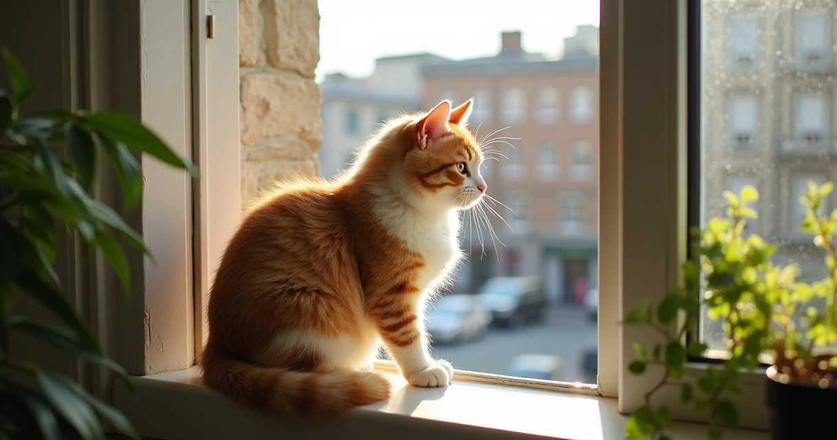 Cat watching street from a sunny apartment window 