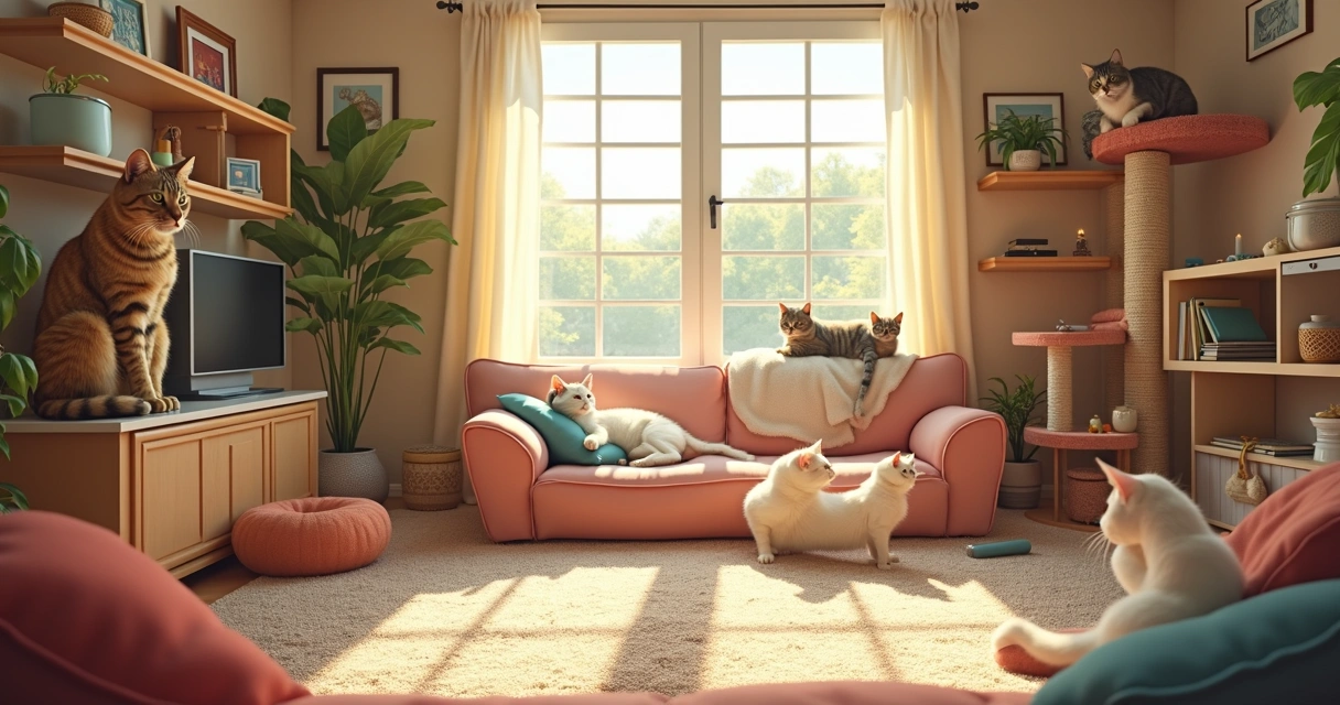 Multiple cats using shelves, cat trees and beds in a cozy living room 