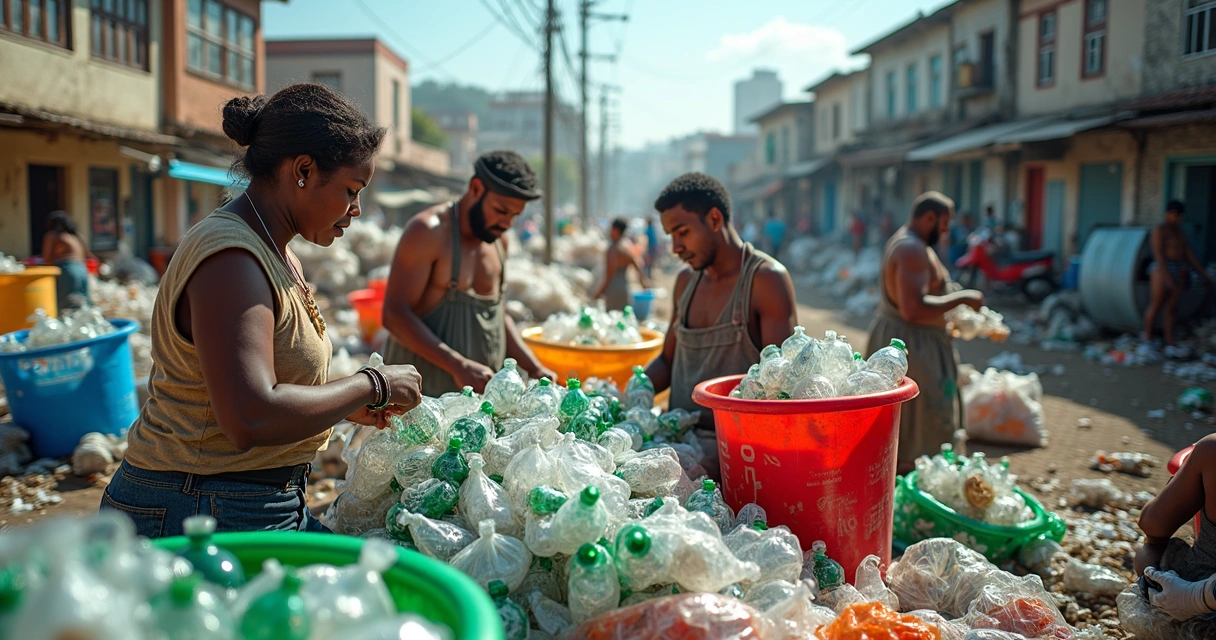 Catadores brasileiros coletando plásticos em área urbana 