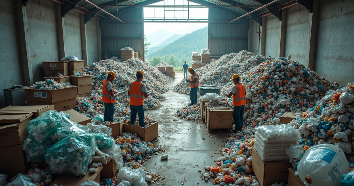 Equipe de cooperativa de catadores organizando resíduos em galpão