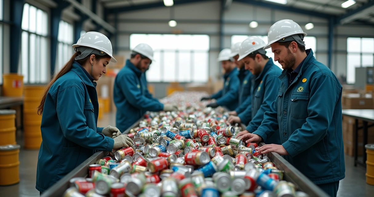 Catadores cooperando na separação de latas para reciclagem