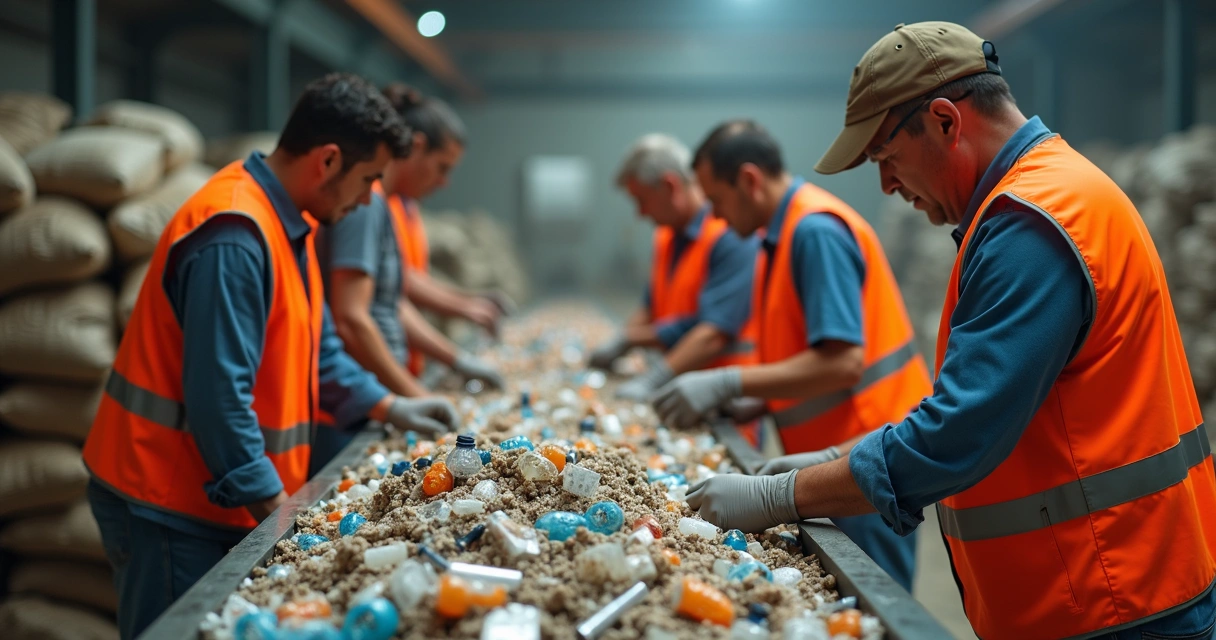 Catadores manipulando materiais recicláveis em uma cooperativa