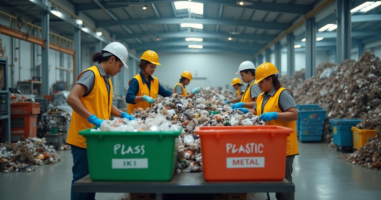 Catadores trabalhando em cooperativa de reciclagem 