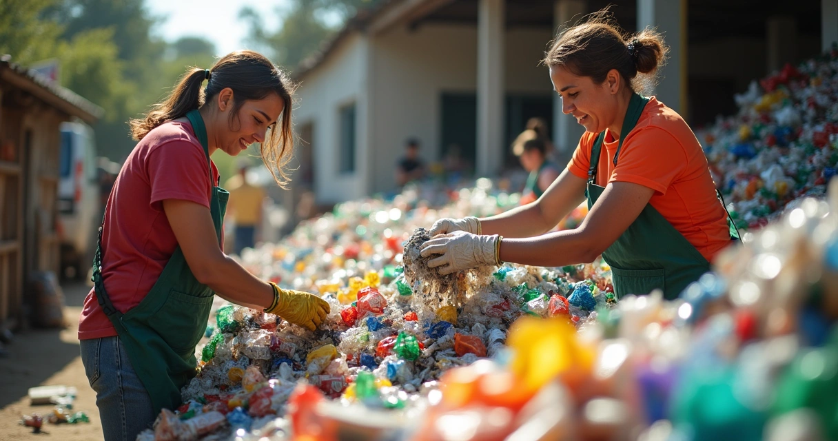 Catadores trabalham em cooperativa separando resíduos recicláveis 