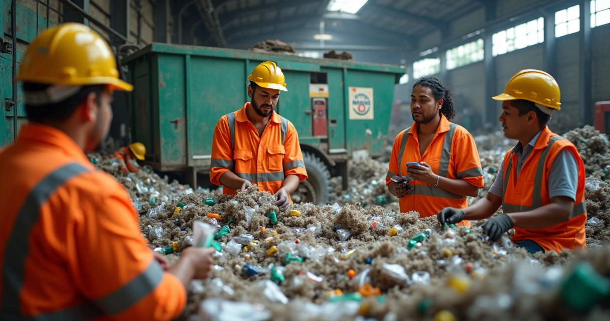Catadores de material reciclável trabalhando e participando de reunião comunitária