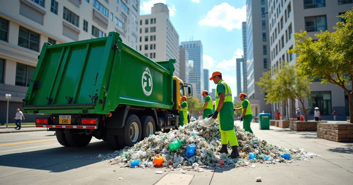 Catadores de recicláveis com uniformes verdes e caminhão, atuando em zona urbana 