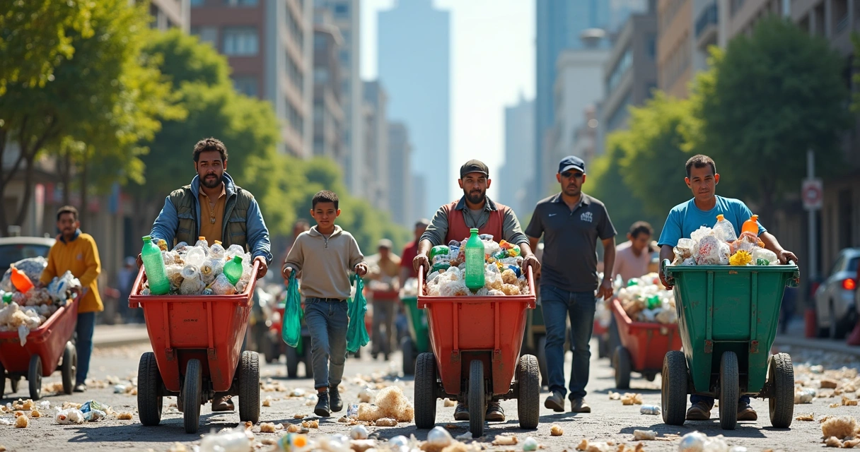Catadores de material reciclável coletando resíduos em ambiente urbano com sacos e carrinhos de coleta 