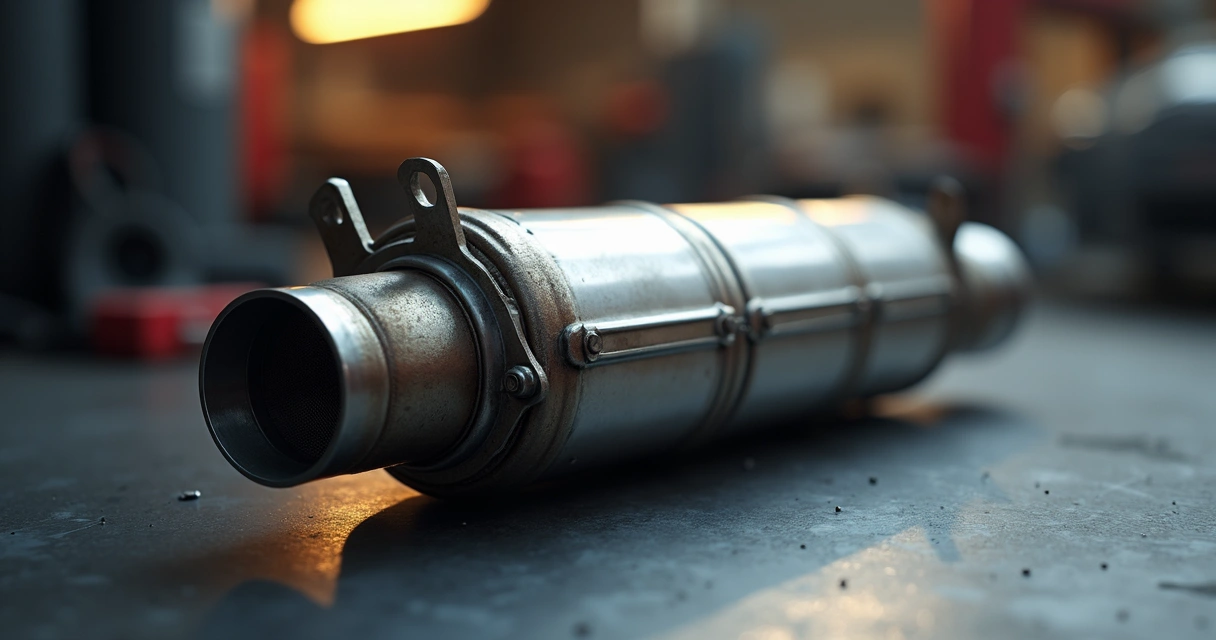 Catalisador automotivo metálico detalhado com textura brilhante sob luz intensa 