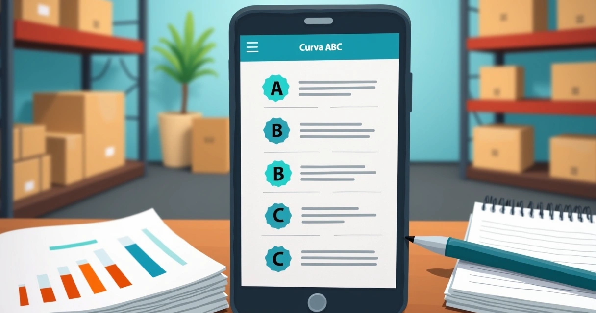 Tela de catálogo digital mostrando curva ABC e produtos destacados em smartphone