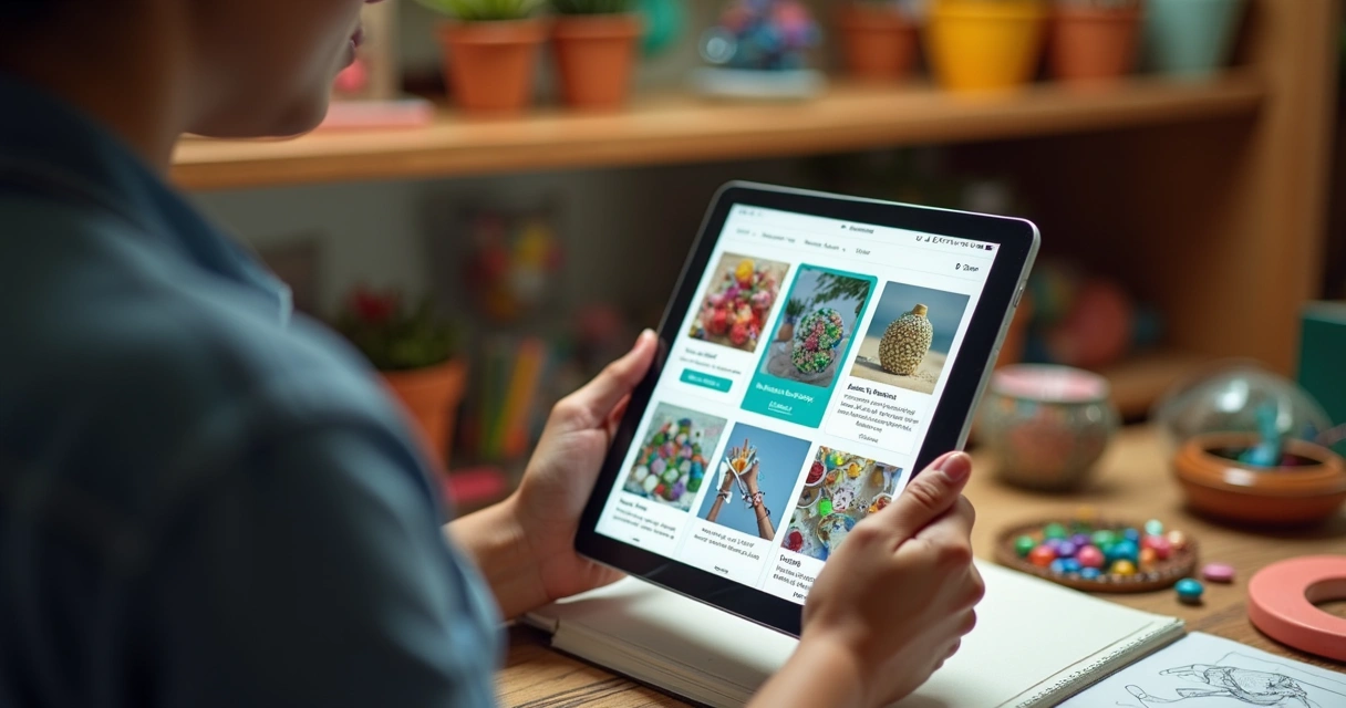 Artesã preenche catálogo digital em tablet 