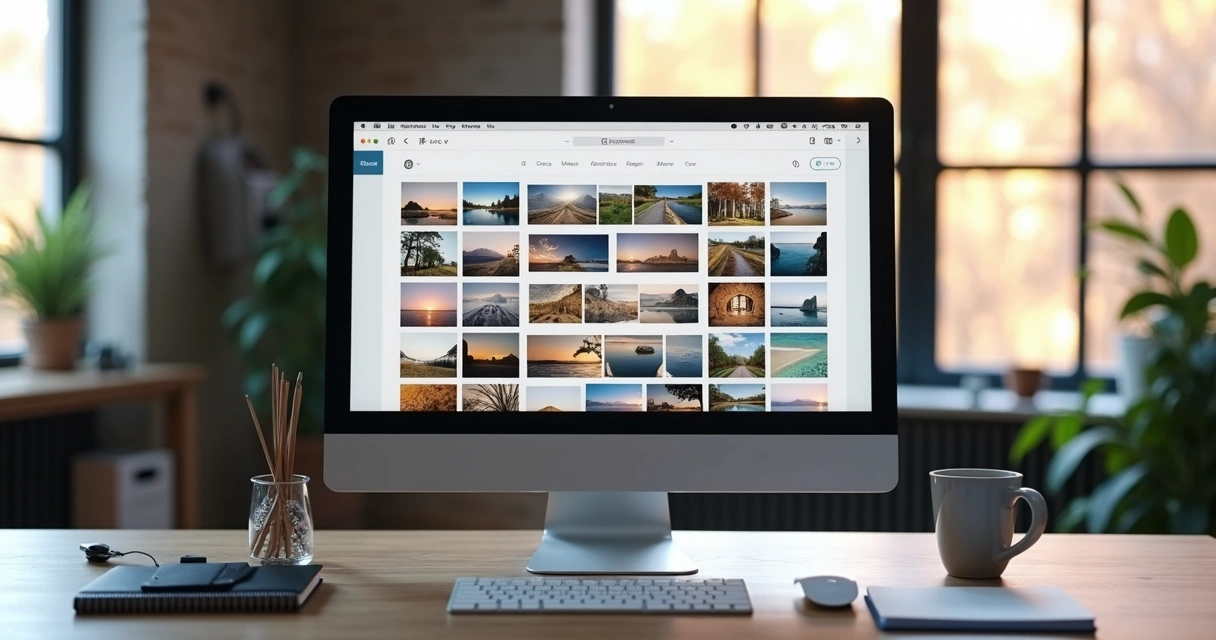 Tela de computador exibindo catálogo digital de banco de imagens 