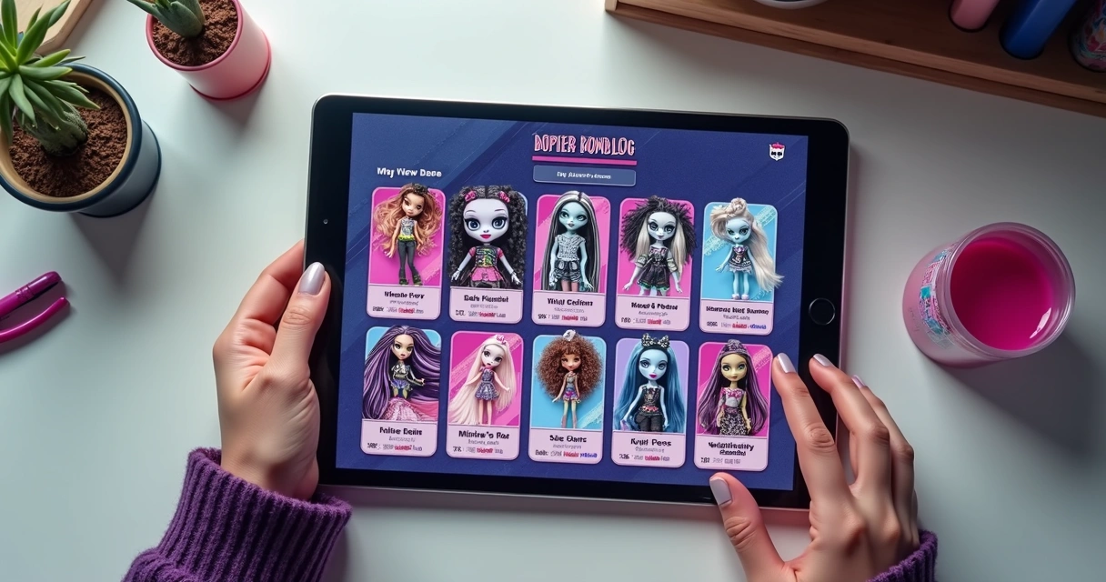 Exemplo de catálogo digital de bonecas Monster High, com imagens e detalhes da coleção 