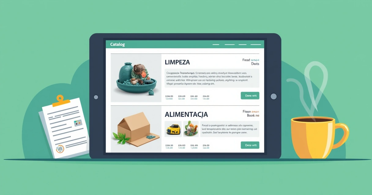 Catálogo digital no tablet mostrando produtos organizados por categorias B2B