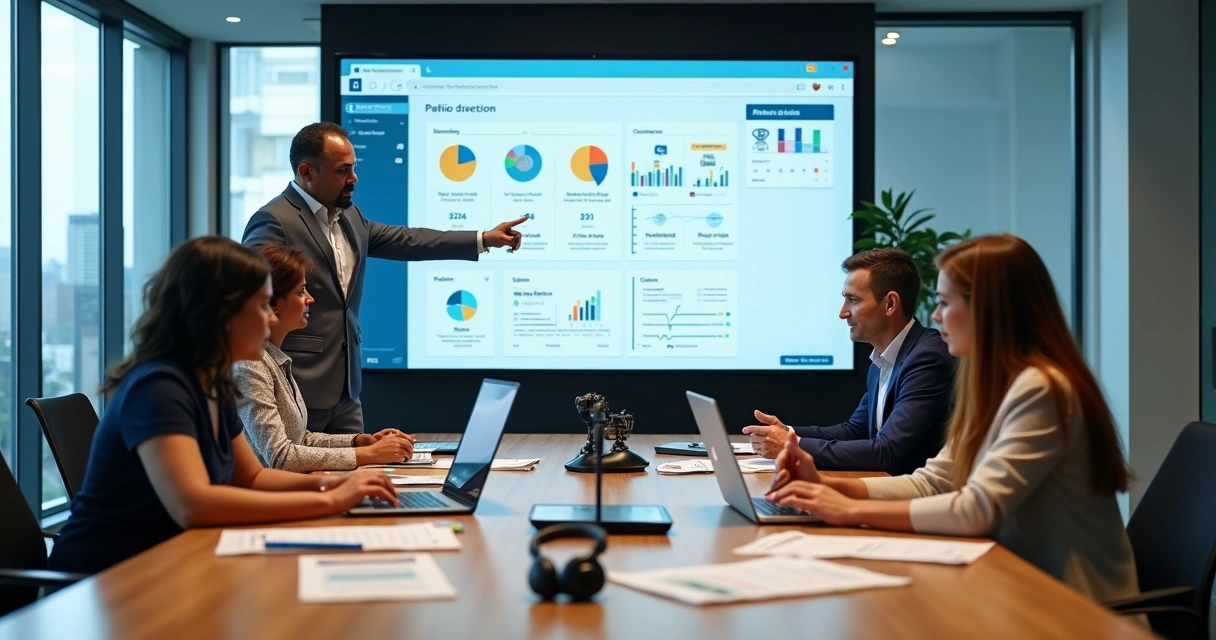 Mesa de reunião com equipe de comunicação planejando estratégias para órgãos públicos 