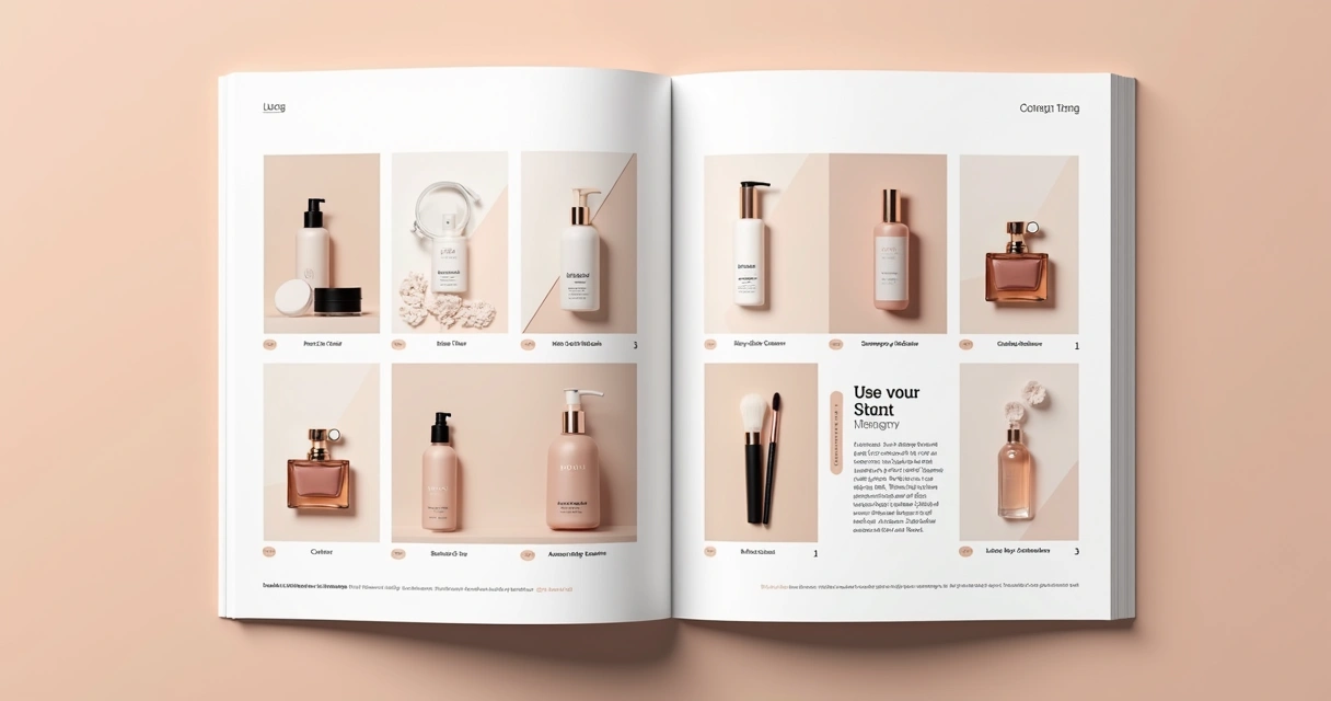 Página de catálogo de cosméticos com fotos grandes e blocos organizados