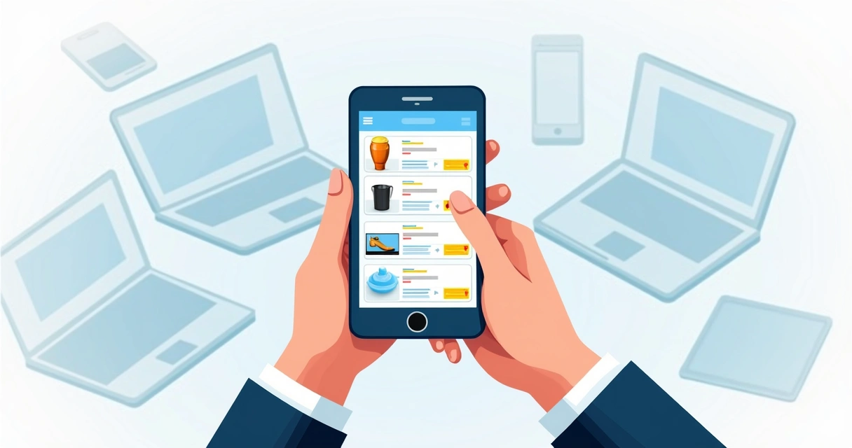 Duas mãos segurando celular mostrando catálogo digital bem organizado 