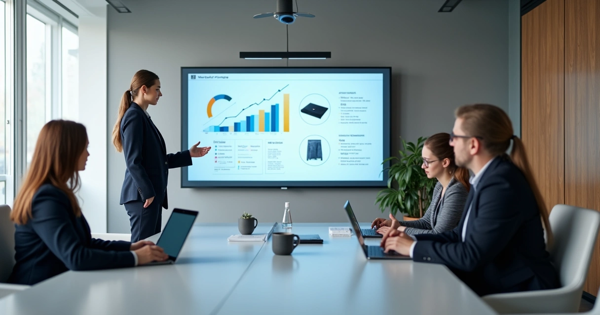 Apresentação de catálogo digital em reunião profissional 