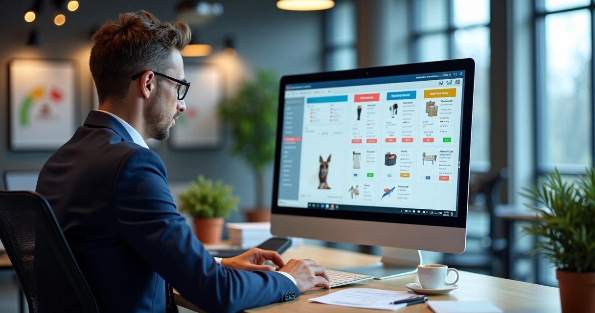 Gestor atualizando catálogo digital no computador com banners e promoções 