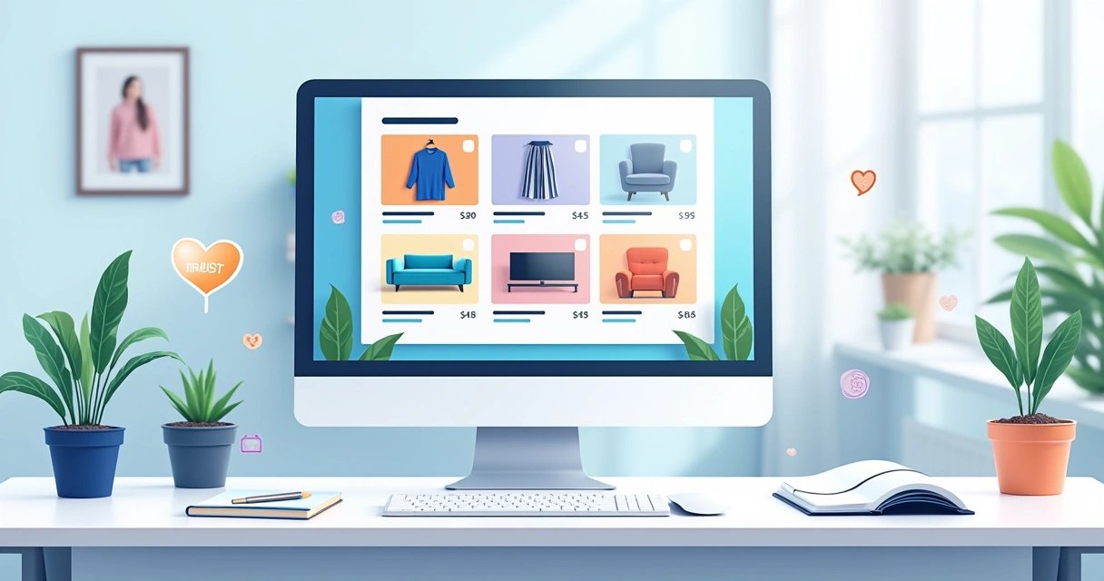 Ilustração de um catálogo digital em um computador moderno com produtos organizados em um ambiente de escritório iluminado.