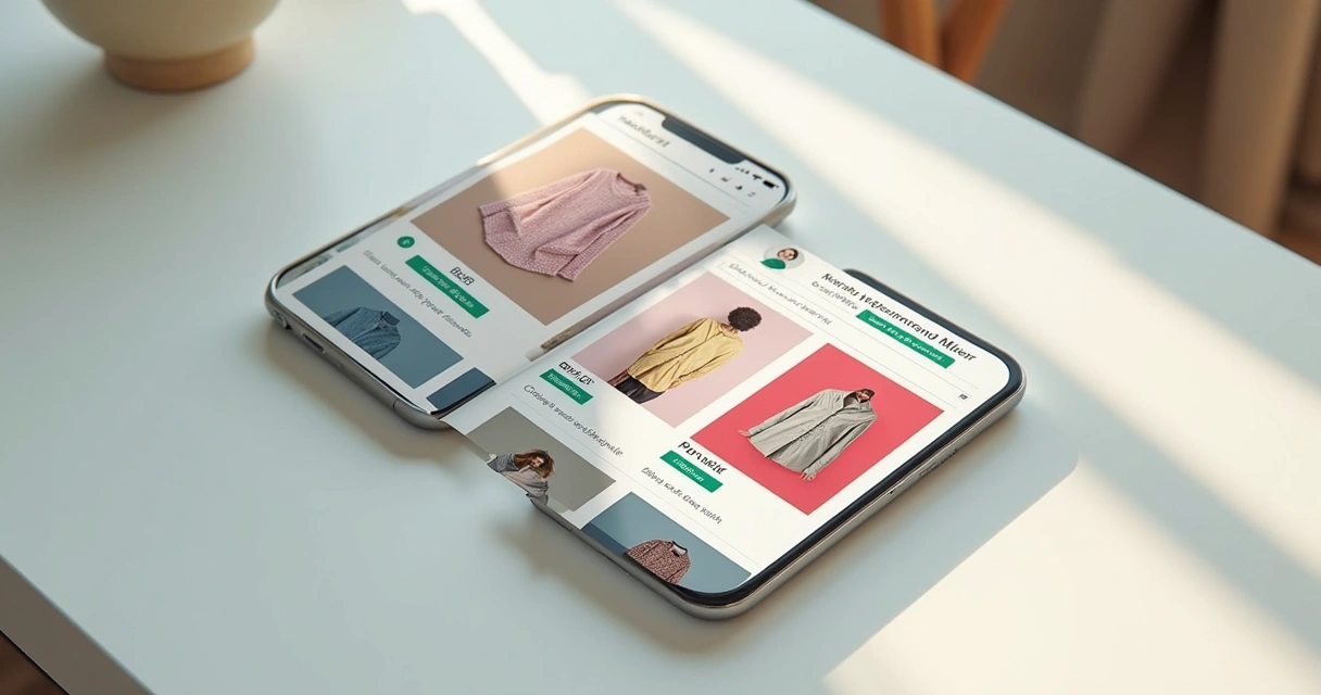 Catálogo digital de brechó exibindo roupas diversas em um smartphone 