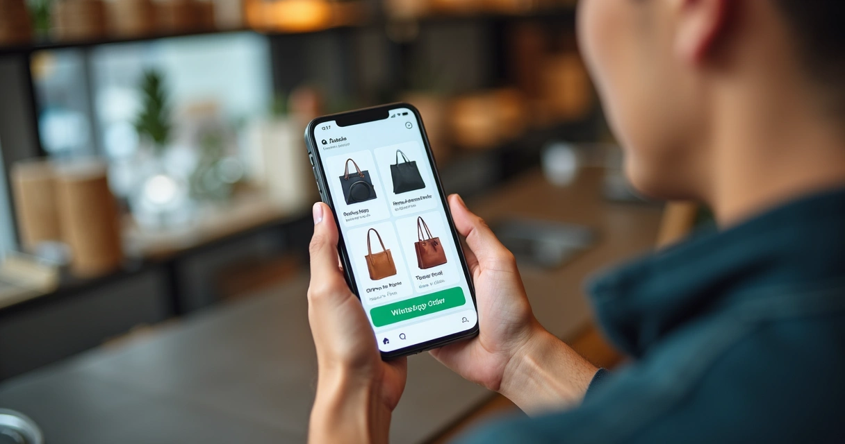 Celular exibindo catálogo digital de produtos em loja 